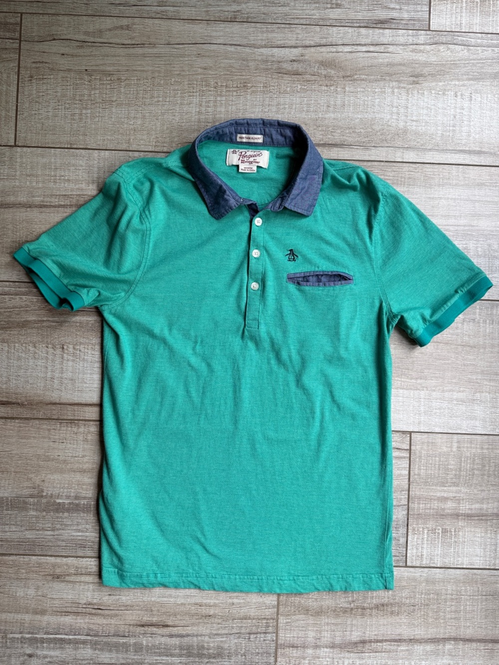 Original Penguin Heritage Slim Fit Polo Teal Green Indigo Medium Runs Small